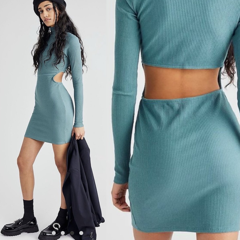 NWT Free People Guess Whos Back Ribbed Mini Dress Pine Green Teal Size XS Boho‎